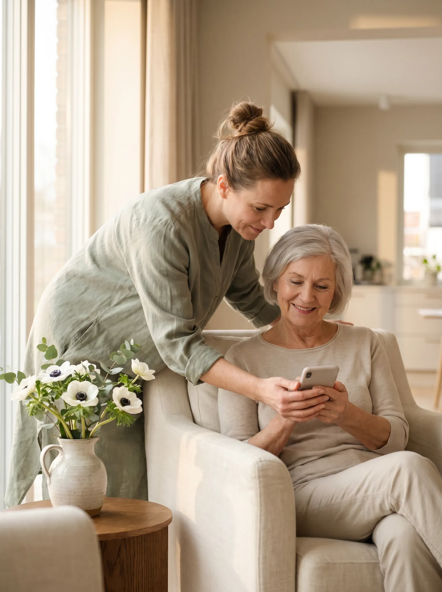 Caregiver and resident sharing a moment with the Senior Vibe App